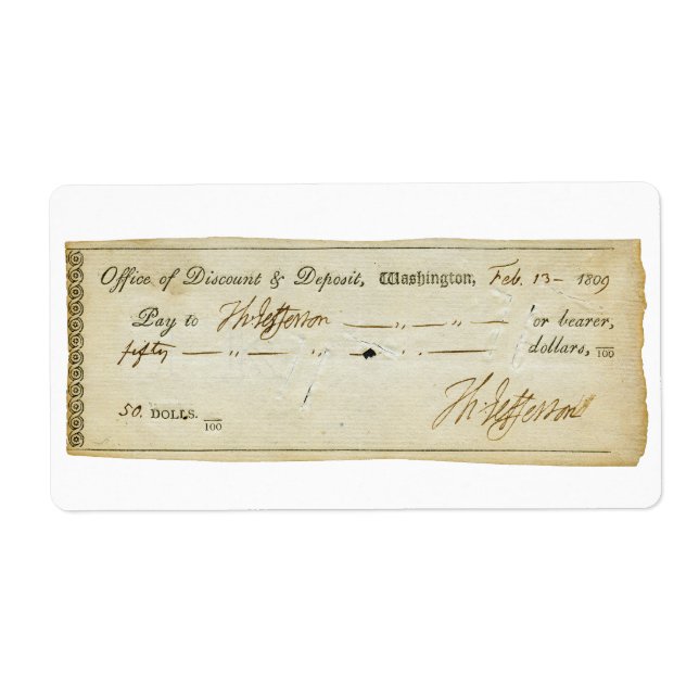 Thomas Jefferson Signature sur chèque bancaire 180 (Devant)