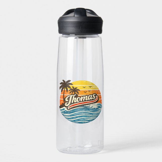 Thomas Retro Sunset Name Design Water Bottle (Front)