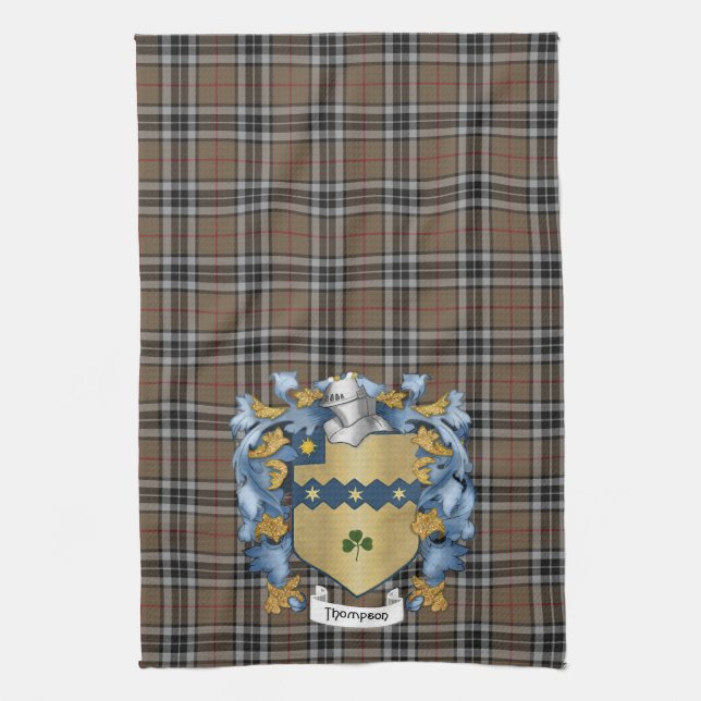 Thompson Family Crest and Hunting Tartan (Irish) Kitchen Towel (Vertical)