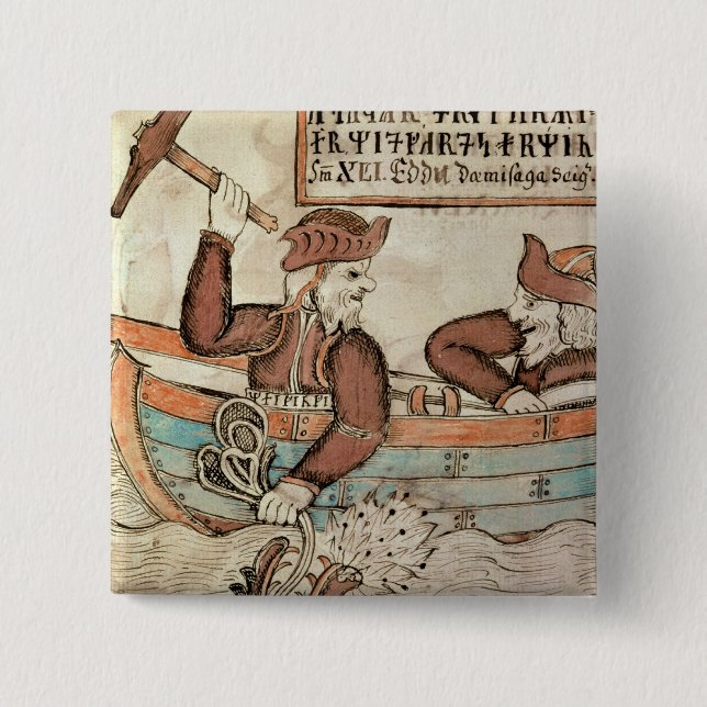 Thor fishing for the serpent of Midgard 2 Inch Square Button (Front)