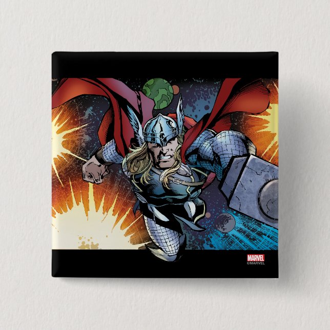 Thor Flying Through Space Comic Panel 2 Inch Square Button (Front)