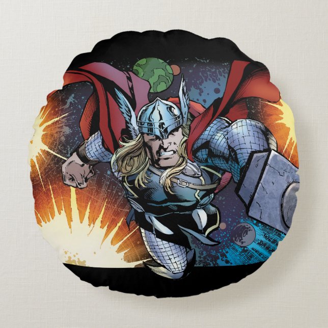 Thor Flying Through Space Comic Panel Round Pillow (Front)