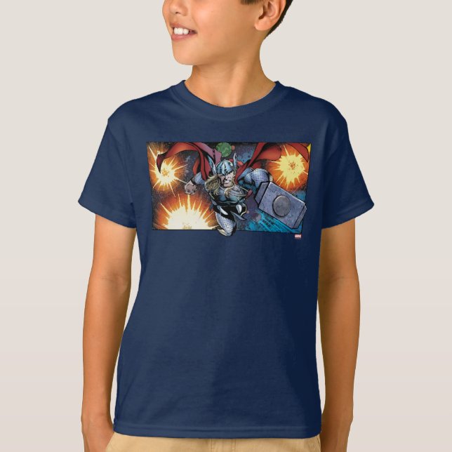 Thor Flying Through Space Comic Panel T-Shirt (Front)