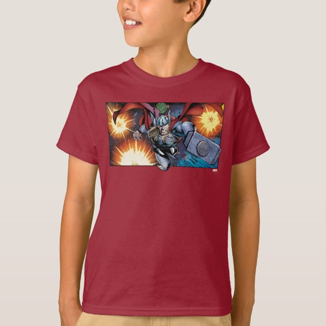 Thor Flying Through Space Comic Panel T-Shirt (Front)