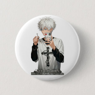 Thorned Crown Anime Boy with Key - Edgy Blue Eyes 2 Inch Round Button