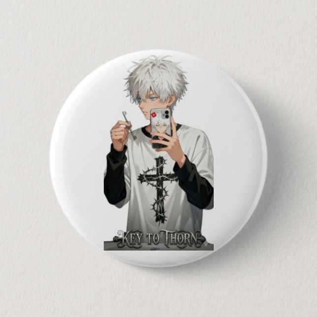 Thorned Crown Anime Boy with Key - Edgy Blue Eyes  2 Inch Round Button (Front)
