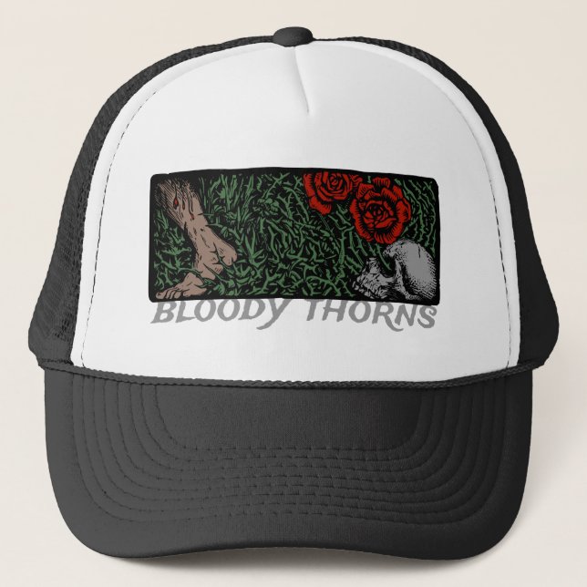 Thorns Skull Roses Feet Medieval Coloured Floral Trucker Hat (Front)