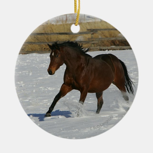 Thoroughbred Horse Running in the Snow Ceramic Ornament (Front)
