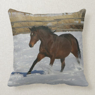 Thoroughbred Horse Running in the Snow Throw Pillow