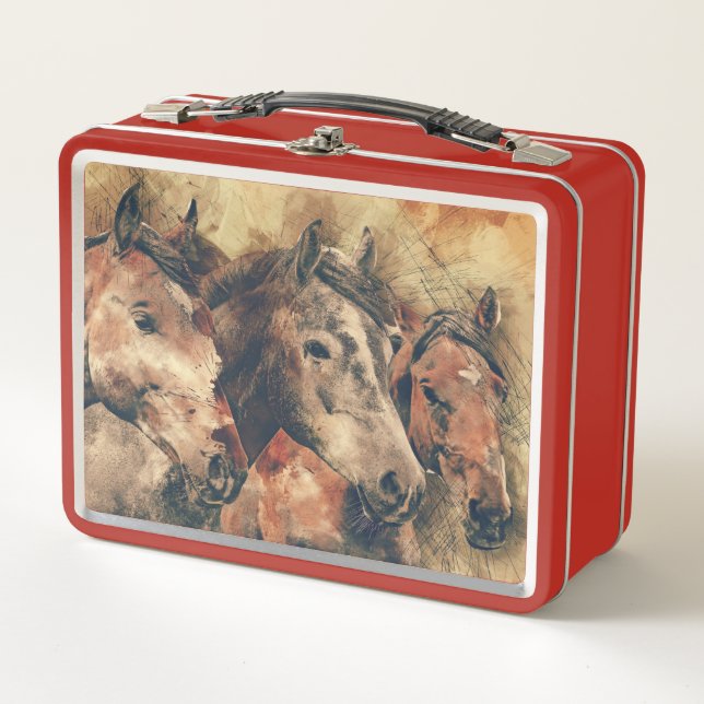 Thoroughbred horses running in a field metal lunch box (Front)