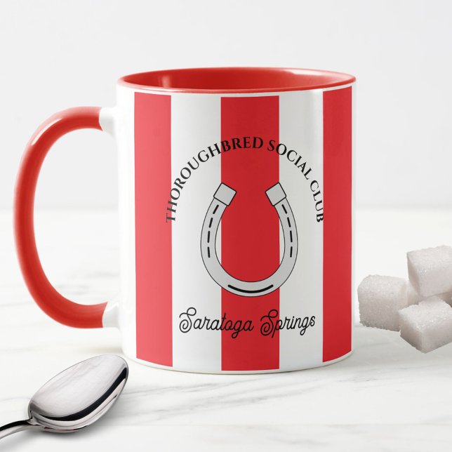Thoroughbred Social Club Red Stripes Horseshoe Mug (Thoroughbred Horse Racing Social Club Custom Mug in Red)