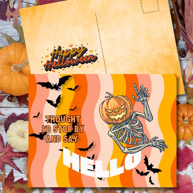 Thought I’d Stop By Pumpkin Skeleton Halloween Holiday Postcard (Creator Uploaded)