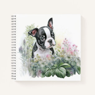 Thoughtful Boston Terrier Puppy in Wildflowers Notebook
