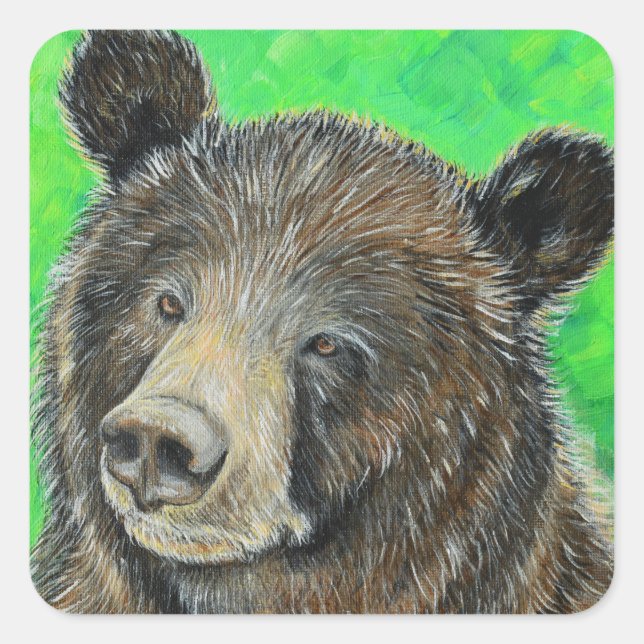 Thoughtful Brown Bear Painting Square Sticker (Front)