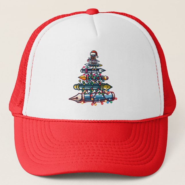 Thoughtful Christmas Teacher Gift, Pen Xmas Tree Trucker Hat (Front)