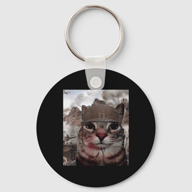 Thousand Yard Stare Funny Soldier Cat Meme In Batt Keychain (Front)