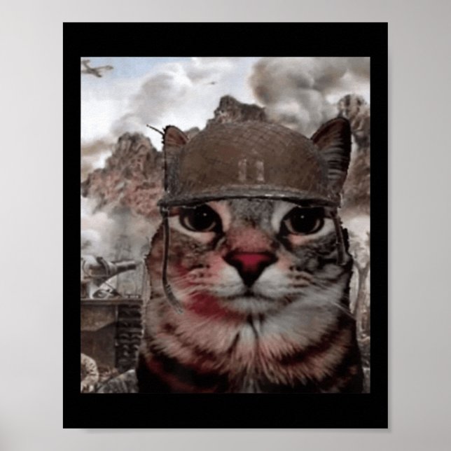 Thousand Yard Stare Funny Soldier Cat Meme In Batt Poster (Front)