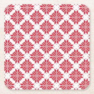 Thraditional Nordic Star Red and White Square Paper Coaster