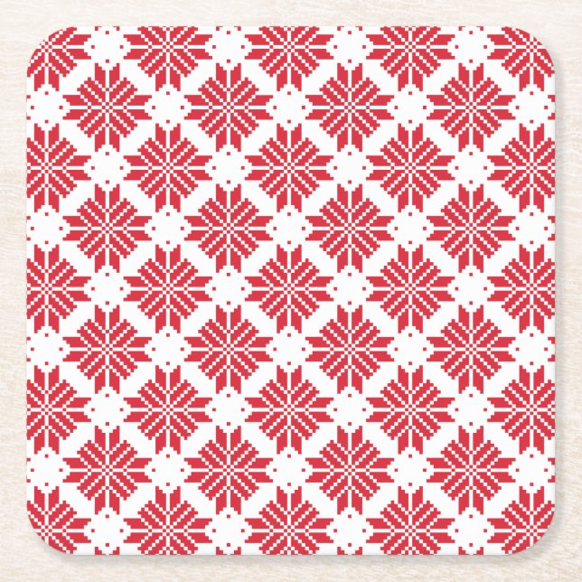 Thraditional Nordic Star Red and White Square Paper Coaster (Front)