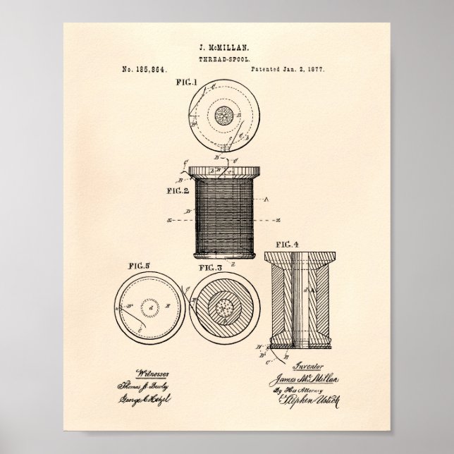 Thread Spool 1877 Patent Art Old Peper Poster (Front)