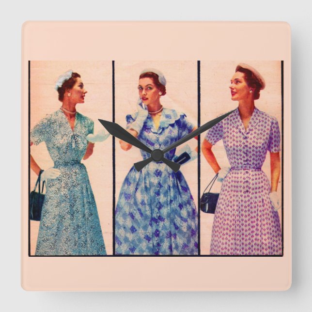 three 1953 dresses - vintage clothing square wall clock (Front)