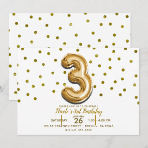 Three 3 Gold Balloon Confetti 3rd Birthday Party Invitation