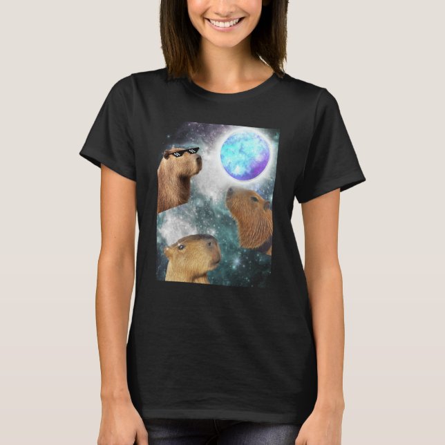 Three 3 Moon Capybaras Space Rodent Animal Parody  T-Shirt (Front)
