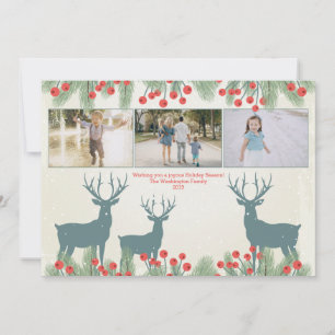 Three 3 photo holly berry and deer Christmas card