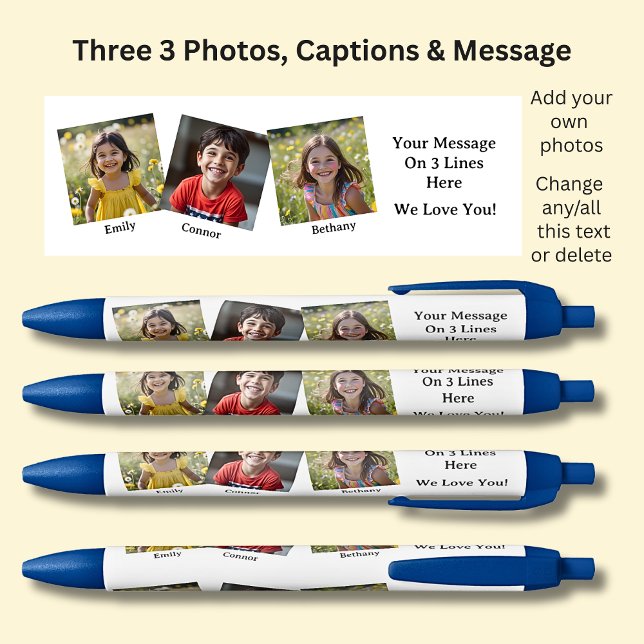 Three 3 Photos with Names & Message White on Blue Ink Pen (Creator Uploaded)