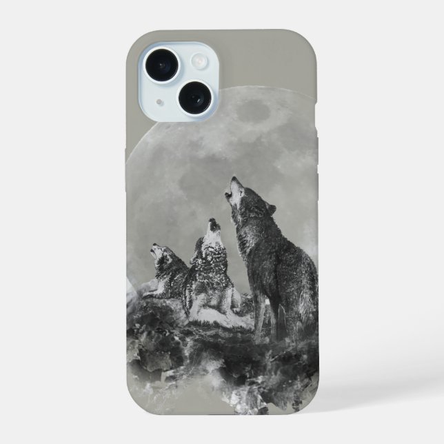 Three 3 Wolves Howling at the Moon Animal Art iPhone 15 Case (Back)