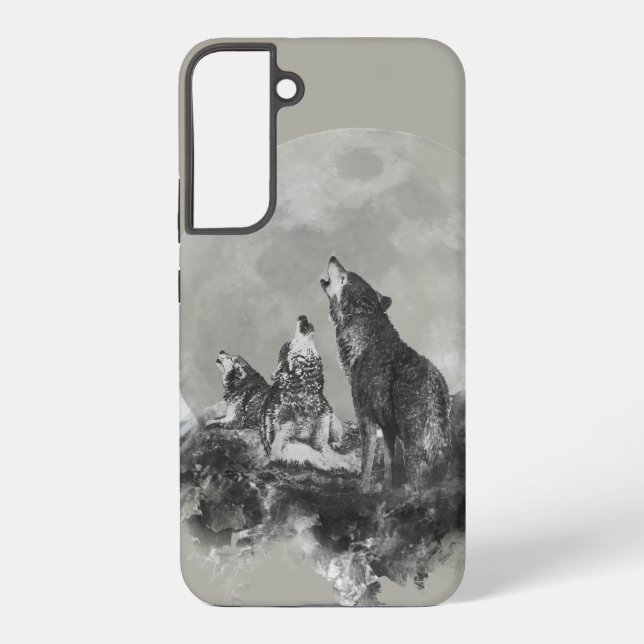 Three 3 Wolves Howling at the Moon Animal Art Samsung Galaxy S22+ Case (Back)