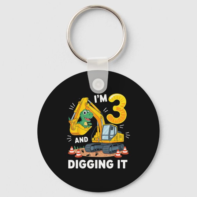 Three 3yr 3rd Birthday Construction Dinosaur Boy 3 Keychain (Front)