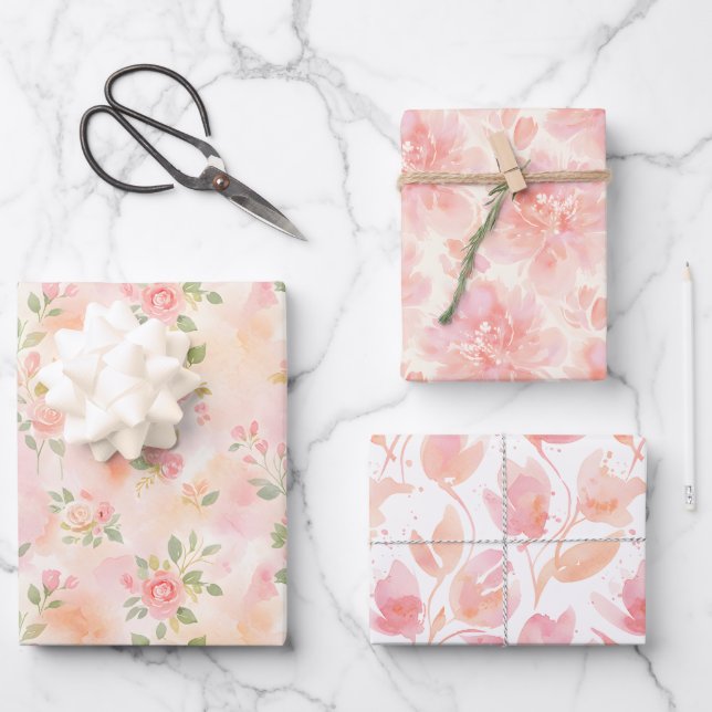 Three Abstract Watercolor Peach Pink Patterns Wrapping Paper Sheet (Front)