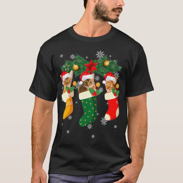 Three Abyssinian Cat In Sock Funny Christmas Cat A T-Shirt (Front)