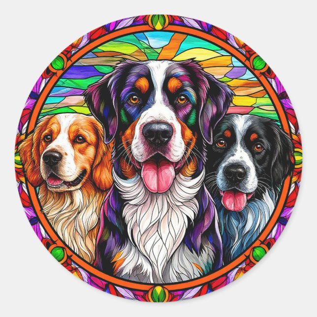 Three Adorable Dogs Stained Glass Style Portrait Classic Round Sticker (Front)
