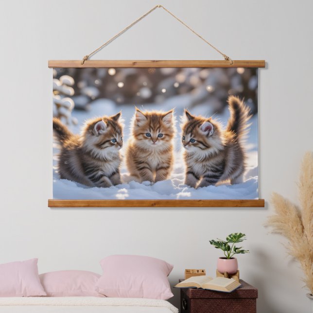 Three adorable kittens playing in the snow, cute hanging tapestry (Bedroom)