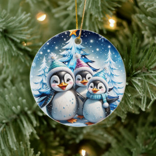 Three adorable penguins ceramic ornament