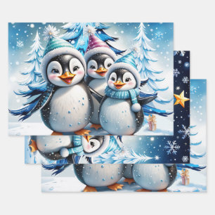 Three adorable penguins wrapping paper sheet