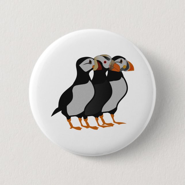 Three Adorable Puffin Standing Together Cartoon 2 Inch Round Button (Front)