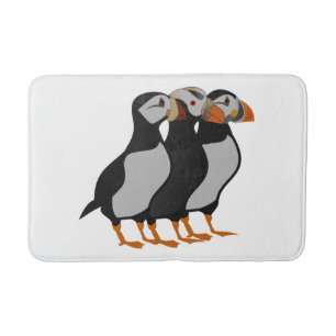 Three Adorable Puffin Standing Together Cartoon Bath Mat