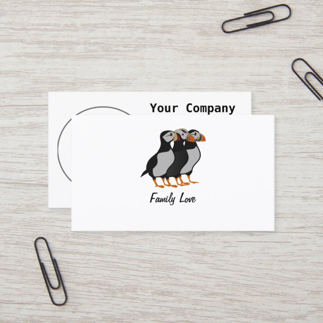 Three Adorable Puffin Standing Together Cartoon Business Card (Front/Back In Situ)