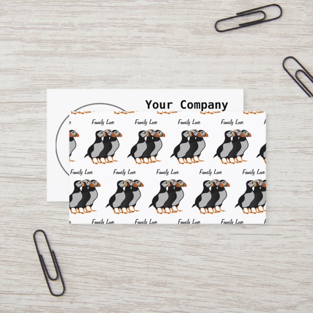 Three Adorable Puffin Standing Together Cartoon Business Card (Front/Back In Situ)