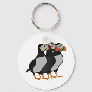 Three Adorable Puffin Standing Together Cartoon Keychain