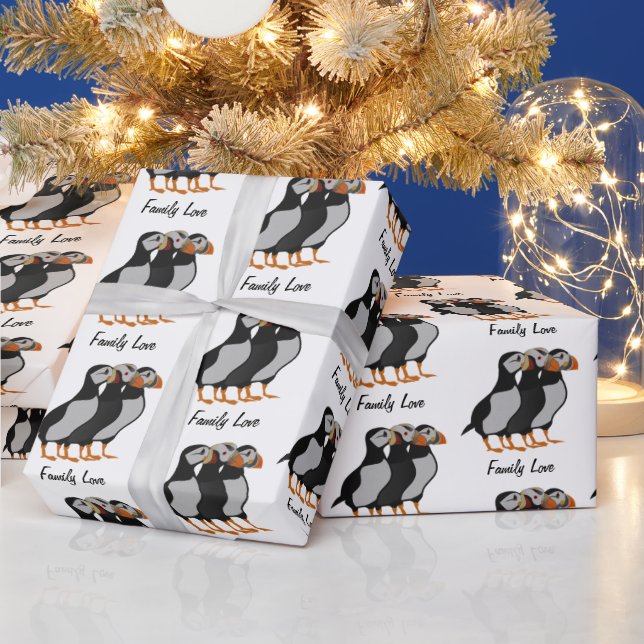 Three Adorable Puffin Standing Together Cartoon Wrapping Paper (Holidays)