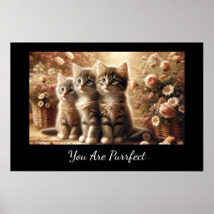 Three Adorable Tabby Kittens with Flowers Poster