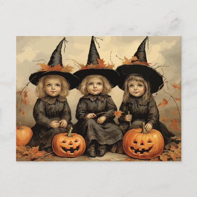 Three Adorable Vintage Witches Postcard (Front)