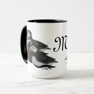 Three Adorably Friendly Puffins Swimming Cartoon Mug