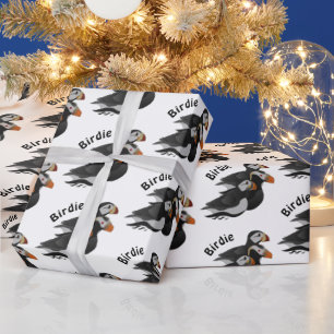 Three Adorably Friendly Puffins Swimming Cartoon Wrapping Paper