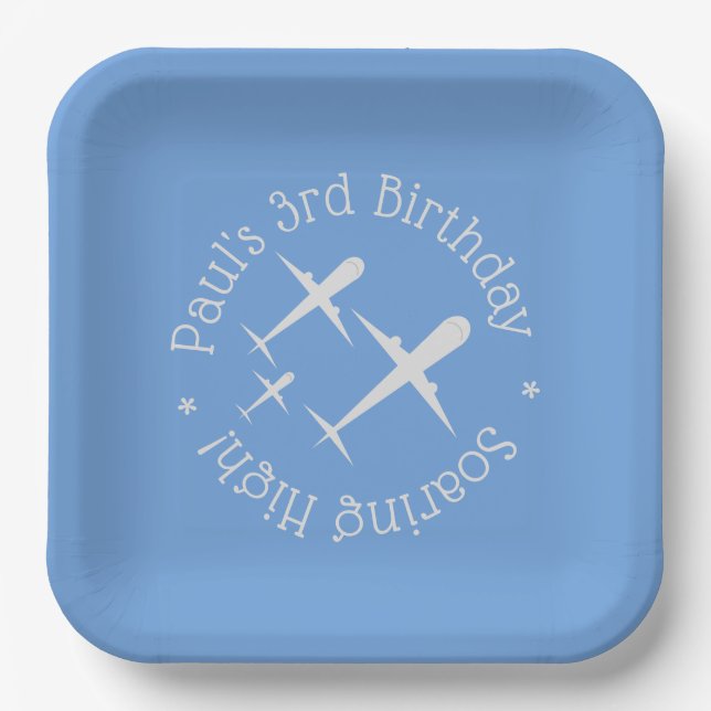 Three Airplanes on Blue Elegant Fun, Personalized Paper Plate (Front)
