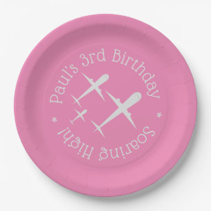 Three Airplanes on Pink Elegant Fun, Personalized Paper Plate